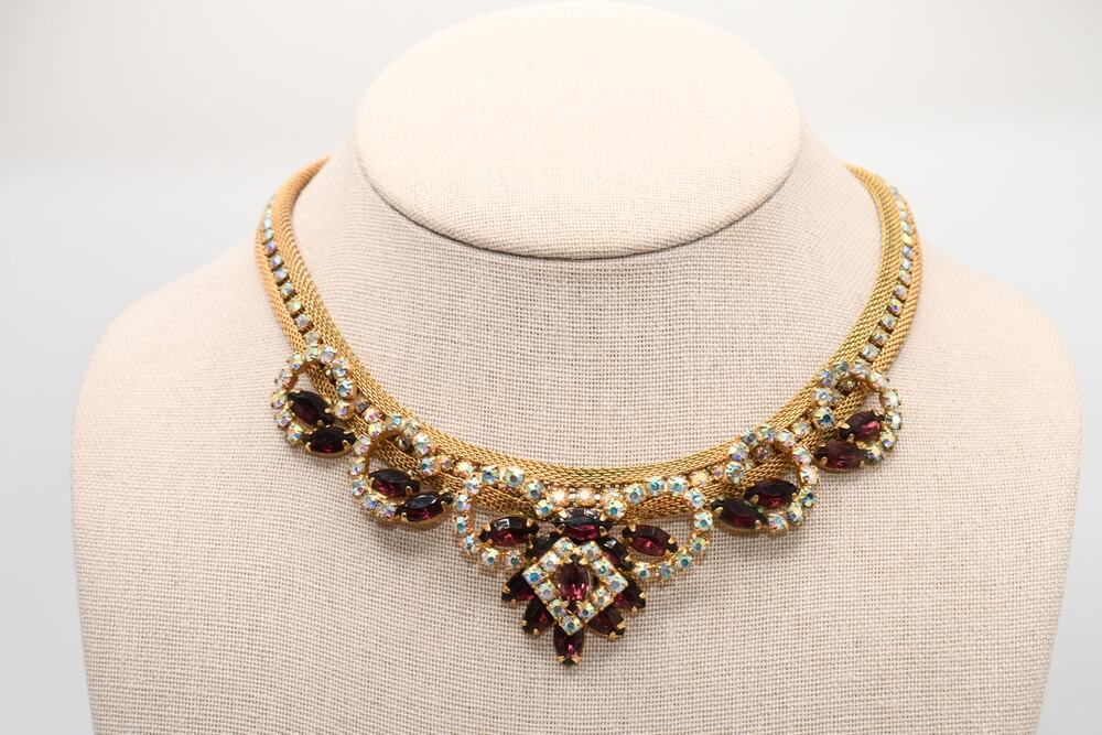 Vintage AB Rhinestone Necklace Purple Glass Mesh Gold Tone 17 Inch